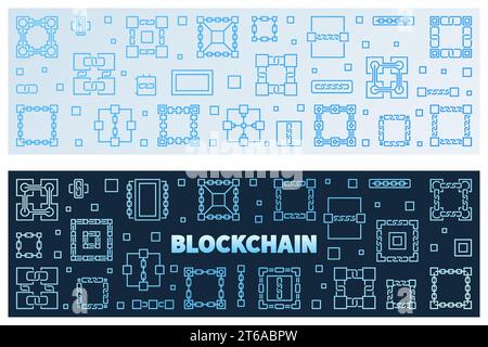 2 Blockchain thin line concept horizontal colorful banners - Block Chain Technology vector modern illustration Stock Vector