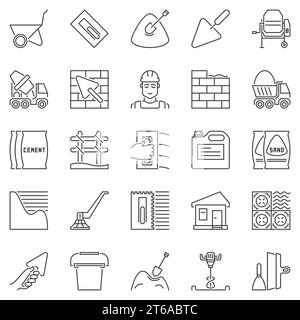 Cement and Concrete outline icons set. Vector construction concept symbols in thin line style Stock Vector