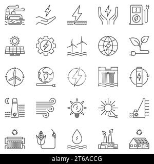 Clean Energy outline icons set. Vector Renewable Eco Green Energy line concept symbols or design elements Stock Vector