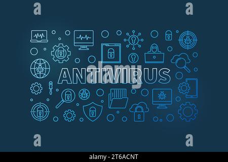 Computer Antivirus vector concept outline blue horizontal illustration or banner on dark background Stock Vector