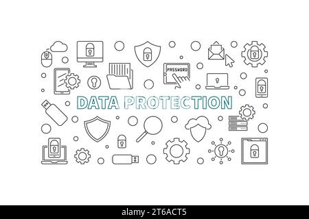 Data Protection concept minimal horizontal illustration in outline style. Vector banner Stock Vector