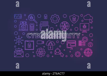 Cybersecurity vector concept outline colored horizontal illustration or banner on dark background Stock Vector