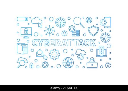 Cyberattack vector blue concept outline horizontal illustration or banner on white background Stock Vector