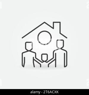 Happy Family under House Roof vector concept icon or symbol in thin line style Stock Vector