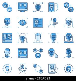Face Detection and Deepfake blue modern icons collection - vector Human Face Verification Technology concept creative symbols or logo elements Stock Vector
