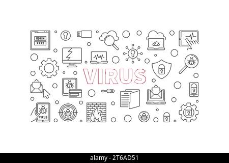 Virus vector thin line horizontal banner. Computer virus concept outline illustration Stock Vector