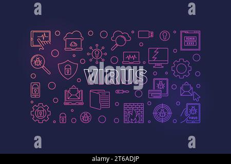 Computer Virus vector concept outline horizontal illustration or banner on dark background Stock Vector