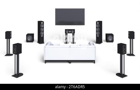 home theatre system and sofa on a white background. 3d render Stock Photo