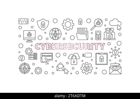 Cybersecurity vector concept outline horizontal illustration or banner on white background Stock Vector