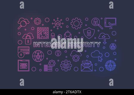 Internet Security vector concept outline colorful horizontal illustration or banner on dark background Stock Vector