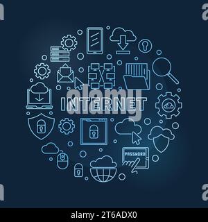 Vector Internet circular concept linear blue illustration on dark background Stock Vector