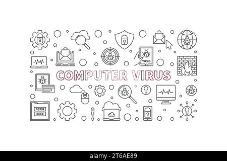 Vector Computer Virus concept horizontal banner or illustration in outline style Stock Vector