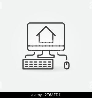 PC with House line icon. Working at Home vector outline concept symbol Stock Vector