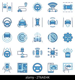 Autonomous Vehicle AV colored icons collection - vector Robo-Car and Car Autopilot concept modern blue signs set Stock Vector