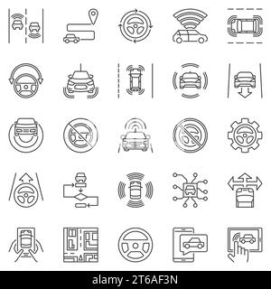 Self-Driving car outline icons set. Vector Autonomous Vehicle and Driverless Car thin line concept symbols. Autopilot linear design elements Stock Vector