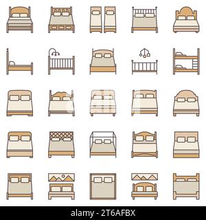 Bed colored icons collection. Vector Single and Double Beds modern symbols set Stock Vector