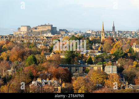 View over suburb of The Grange towards Edinburgh city centre from Blackford Hill in autumn, Edinburgh, Scotland, UK Stock Photo