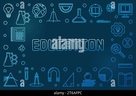Vector Education concept horizontal blue linear frame - illustration or banner on dark background Stock Vector