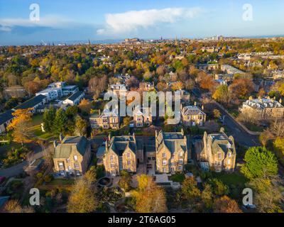 View over suburb of The Grange with many large expensive detached houses to Edinburgh city centre from Blackford Hill in autumn, Edinburgh, Scotland Stock Photo