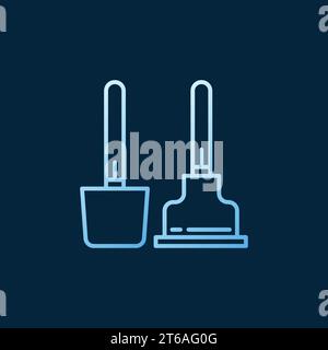 Toilet plunger with brush vector blue outline icon or logo element on dark background Stock Vector
