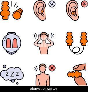 Earplugs flat icons set. Healthy sleep without snore, ear safety illustrations. Signs for medical store. Vector color illustration. Simple style symbo Stock Vector