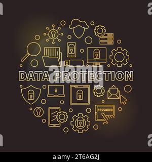 Data Protection vector round concept linear golden illustration on dark background Stock Vector