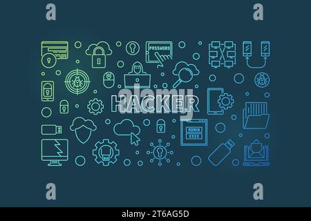 Hacker vector colorful concept thin line horizontal banner or illustration on dark background Stock Vector