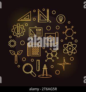 STEM vector concept golden round outline illustration on dark background Stock Vector