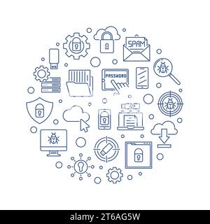 Cybersecurity vector circular concept minimal illustration in outline style Stock Vector