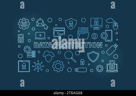 Vector Data Protection concept blue line horizontal illustration or banner on dark background Stock Vector