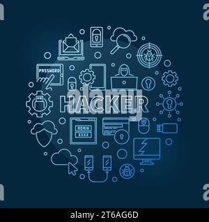 Vector Hacker circular concept outline blue modern illustration on dark background Stock Vector