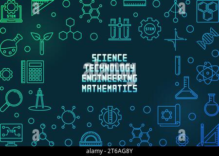 Science, Technology, Engineering and Math outline colored horizontal frame - vector STEM concept illustration on dark background Stock Vector