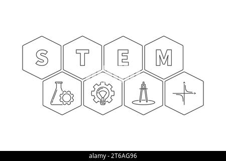 STEM word with icons vector hexagonal illustration in thin line style Stock Vector
