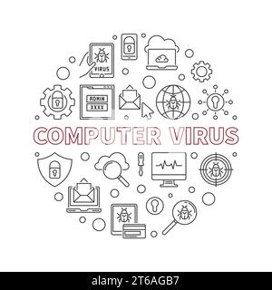 Computer Virus vector round concept minimal illustration in outline style Stock Vector