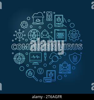 Vector Computer Virus round blue concept thin line illustration on dark background Stock Vector