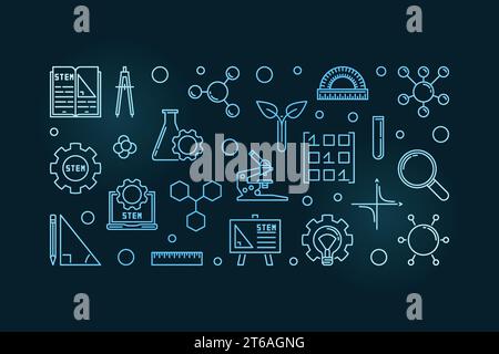 Science, Technology, Engineering and Math vector concept blue linear horizontal banner on dark background Stock Vector