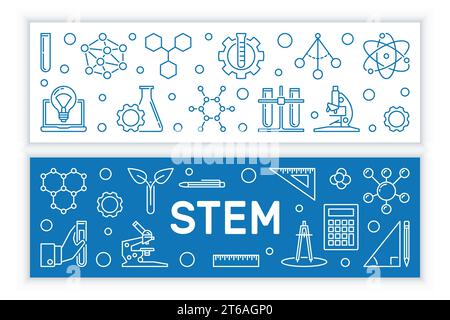 STEM or Science, Technology, Engineering and Mathematics vector concept outline horizontal banners Stock Vector