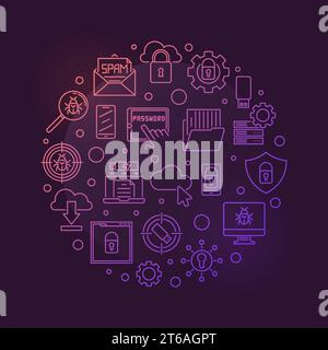 Vector Cybersecurity round concept colorful outline illustration on dark background Stock Vector