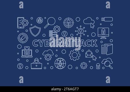 Cyberattack vector concept outline horizontal illustration or banner on blue background Stock Vector