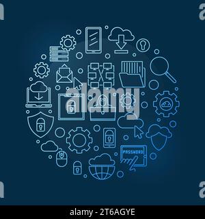 Vector Internet round concept linear blue illustration on dark background Stock Vector