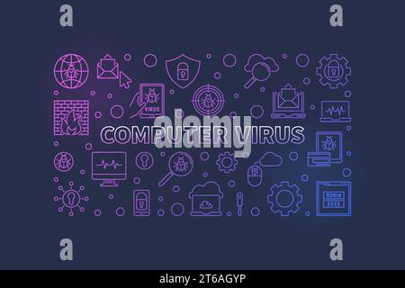 Computer Virus vector concept line horizontal illustration or banner on dark background Stock Vector