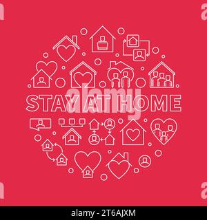 Stay at Home vector concept round white outline illustration on red background Stock Vector