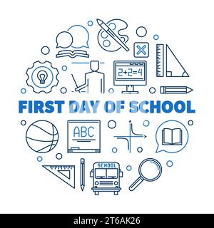 First Day of School vector concept round outline blue illustration on white background Stock Vector