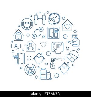 Quarantine and Self Isolation vector concept round illustration in outline style Stock Vector