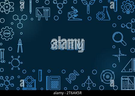STEM concept horizontal outline blue frame. Vector Science, Technology, Engineering and Mathematics illustration on dark background Stock Vector