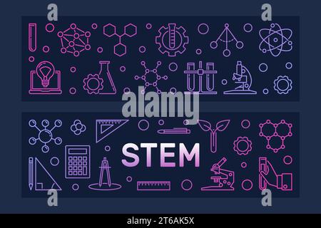 STEM vector concept two colorful banners in outline style on dark background Stock Vector