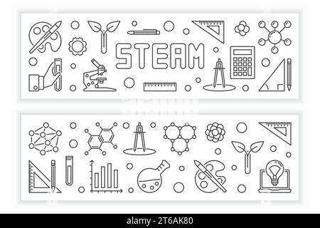 STEAM vector concept modern horizontal banners in thin line style on white background Stock Vector