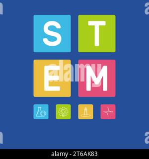 STEM word with icons vector concept illustration on blue background Stock Vector