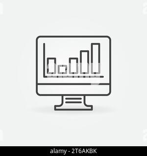 Computer Display with Bar Chart linear icon. Vector Analytics concept outline symbol or logo element Stock Vector