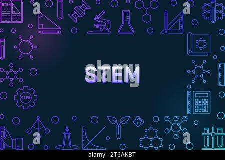 STEM concept outline horizontal colored frame - vector Science, Technology, Engineering and Math illustration on dark background Stock Vector